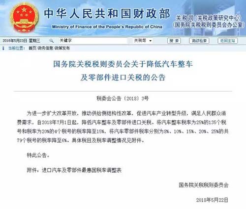 7月1日起，进口汽车关税将降低至15%！